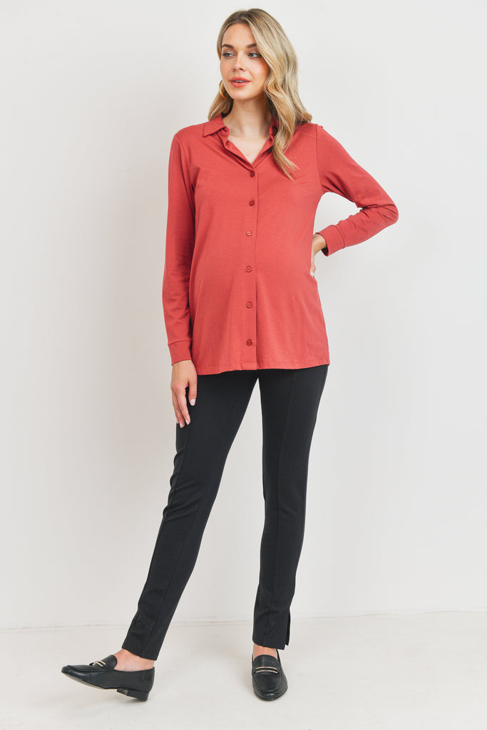 Rust Viscose/Cotton Blend Jersey Long Sleeve Maternity Blouse