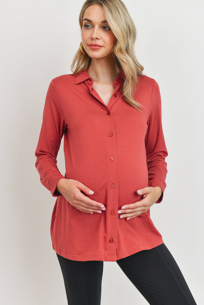 Rust Viscose/Cotton Blend Jersey Long Sleeve Maternity Blouse