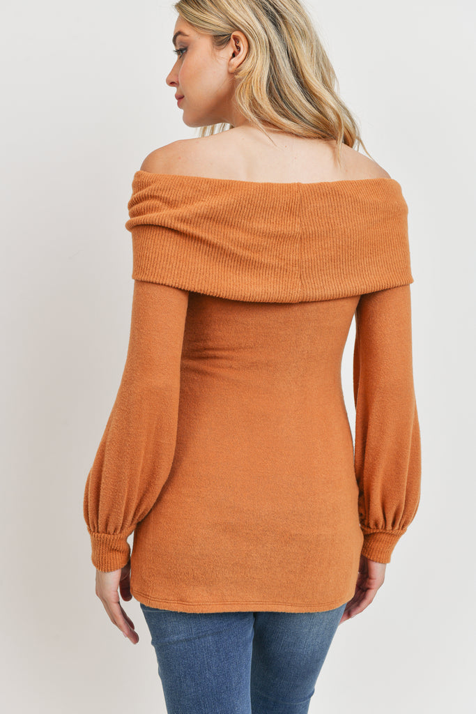 Rust Cashmere Like Sweater Knit Off Shoulder Top