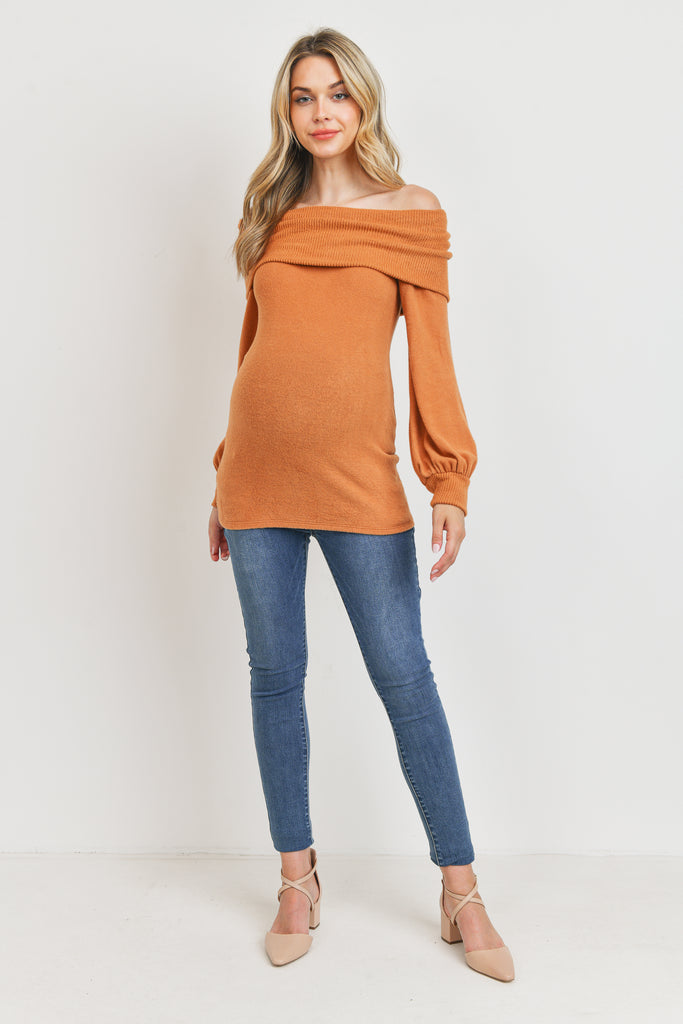 Rust Cashmere Like Sweater Knit Off Shoulder Top