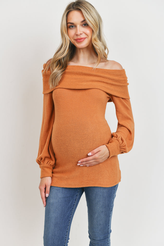 Rust Cashmere Like Sweater Knit Off Shoulder Top