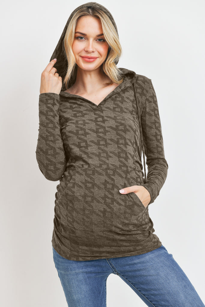 Mocha V-Neck Maternity Pullover Hoodie