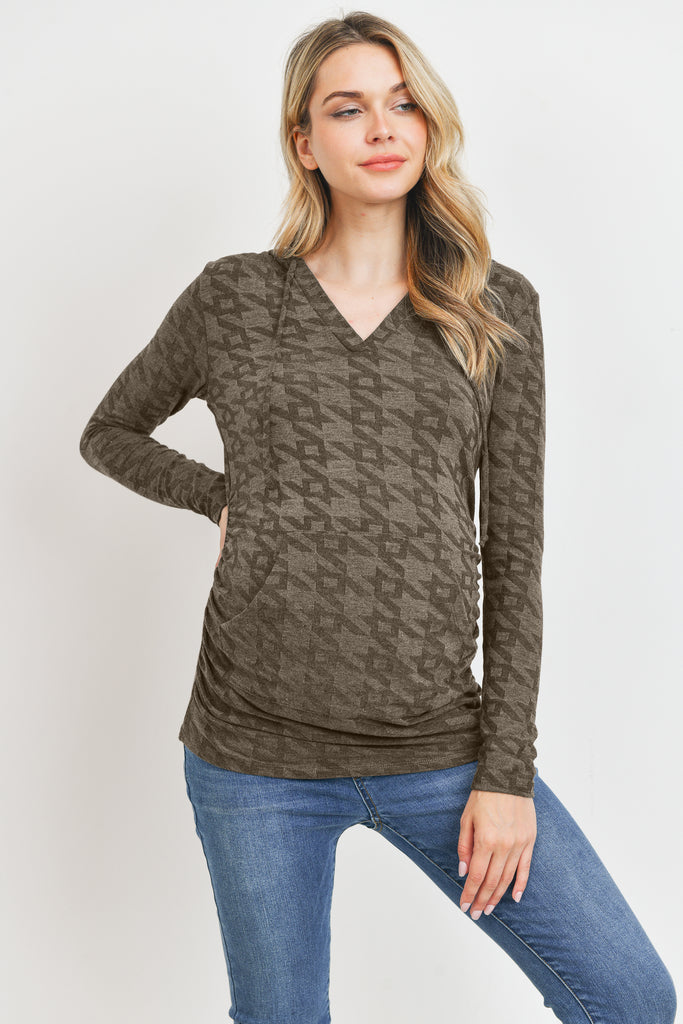 Mocha V-Neck Maternity Pullover Hoodie