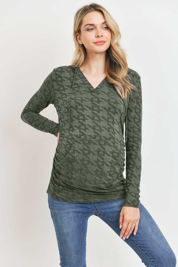 Olive V-Neck Maternity Pullover Hoodie