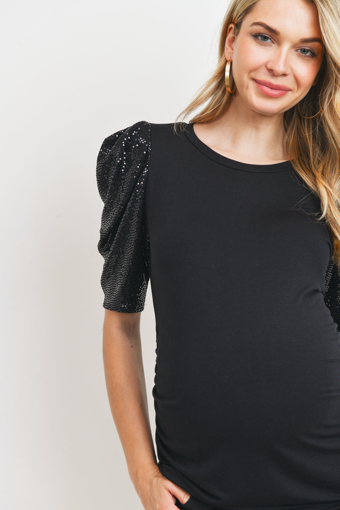 Black Metallic Trans Sleeve Maternity Top