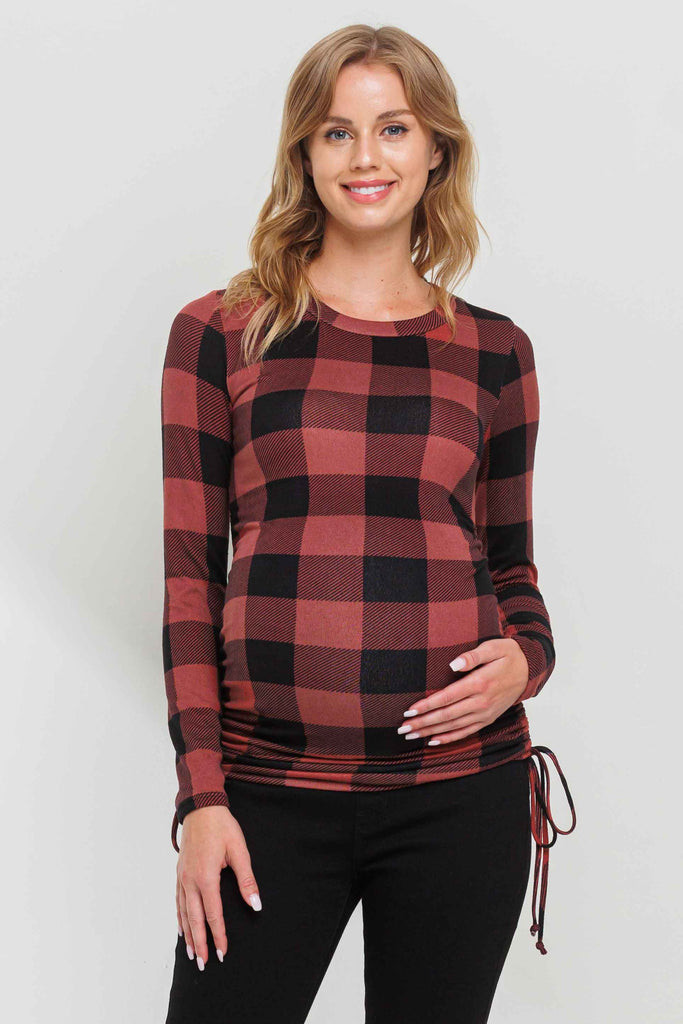 Mauve Plaid Long Sleeve Adjustable Ruching Maternity Top