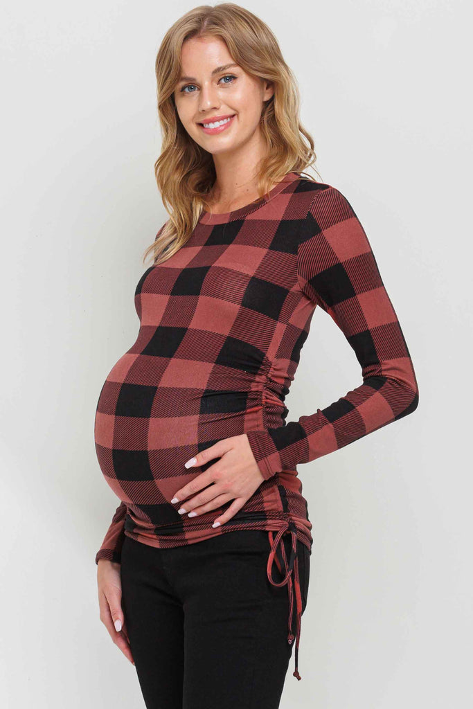 Mauve Plaid Long Sleeve Adjustable Ruching Maternity Top