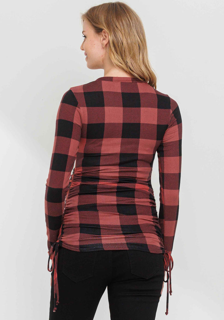 Mauve Plaid Long Sleeve Adjustable Ruching Maternity Top