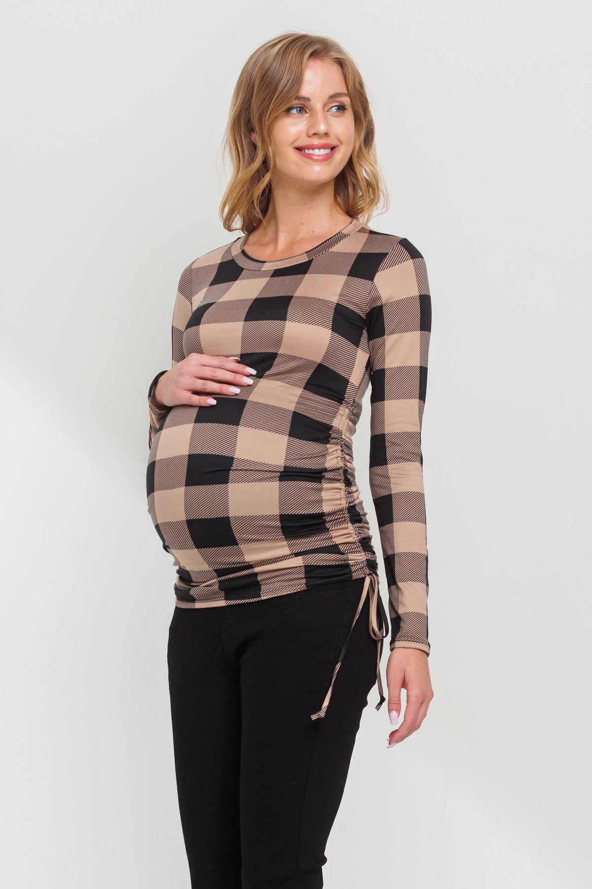 Mocha Plaid Long Sleeve Adjustable Ruching Maternity Top