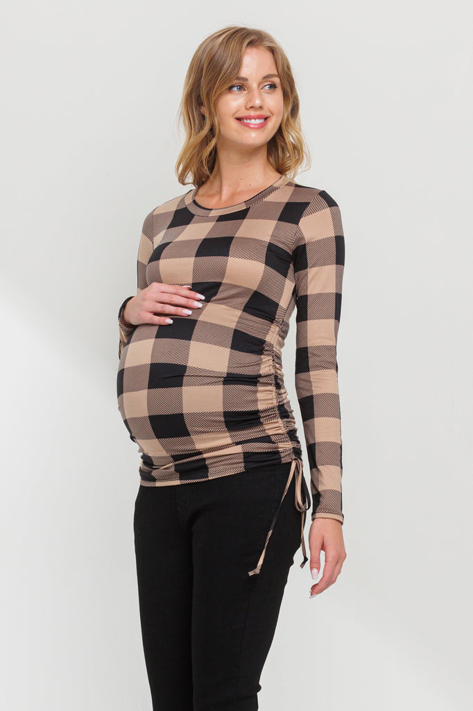Mocha Plaid Long Sleeve Adjustable Ruching Maternity Top