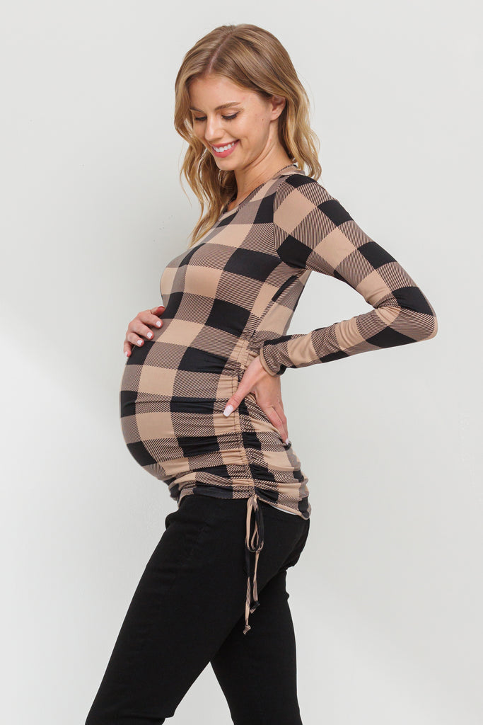 Mocha Plaid Long Sleeve Adjustable Ruching Maternity Top