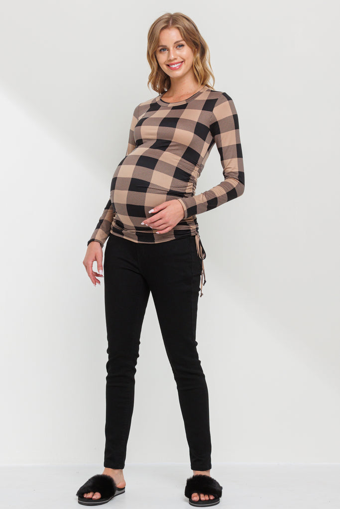 Mocha Plaid Long Sleeve Adjustable Ruching Maternity Top