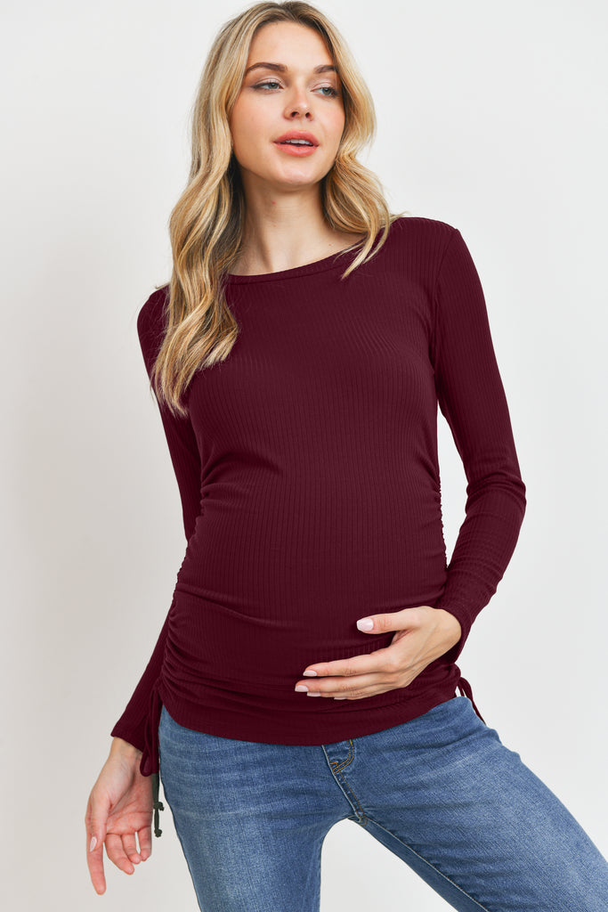 Burgundy Long Sleeve Adjustable Drawstring Maternity Shirts