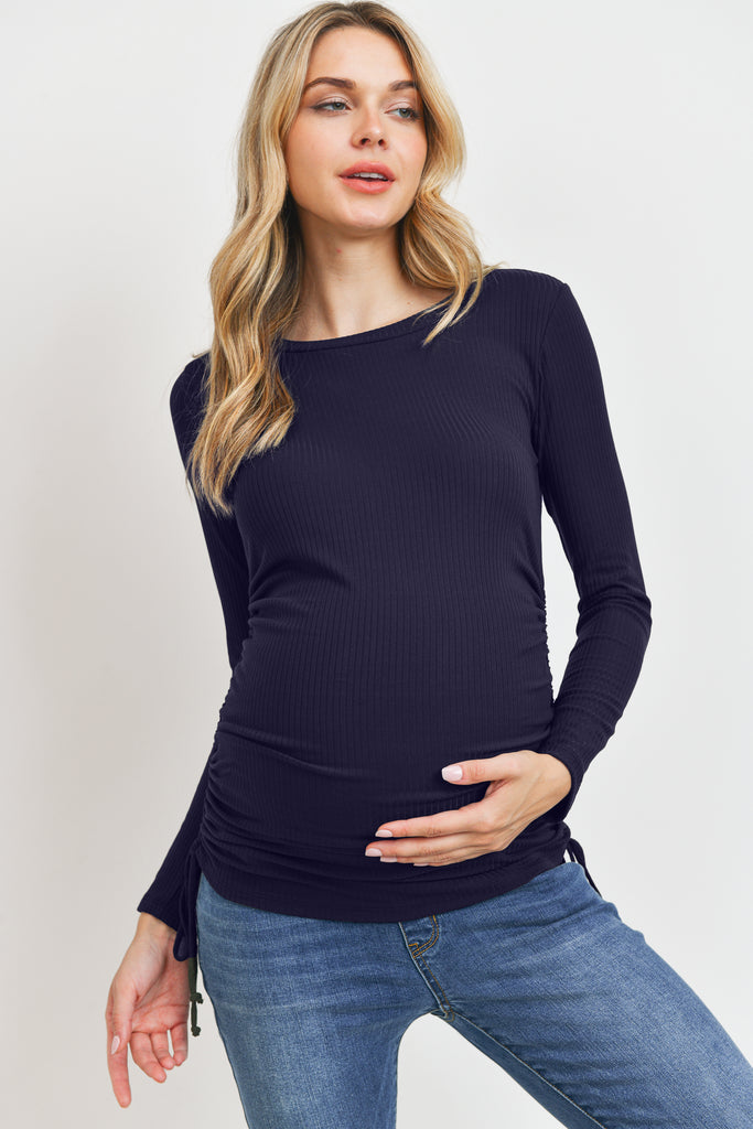 Navy Long Sleeve Adjustable Drawstring Maternity Shirts