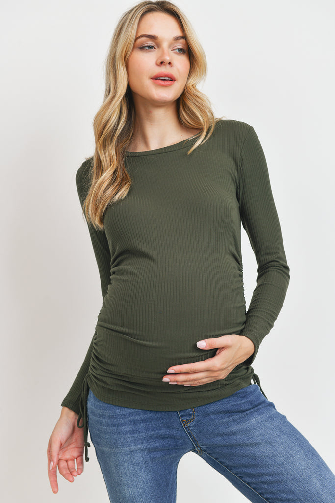 Olive Long Sleeve Adjustable Drawstring Maternity Shirts