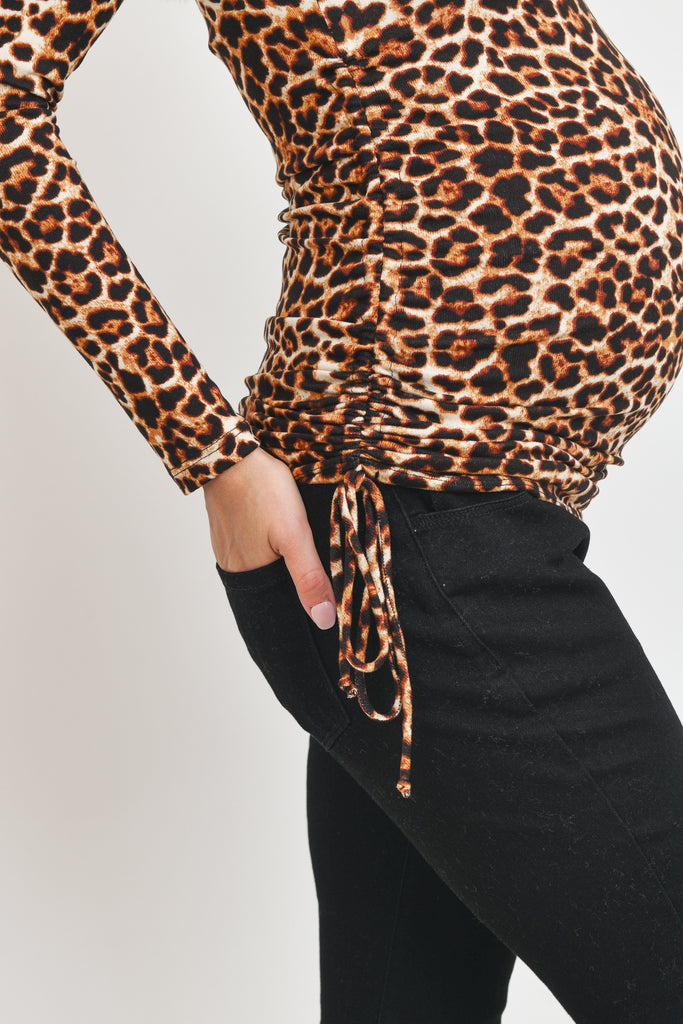 Leopard Adjustable Drawstring Mock Neck Maternity Top