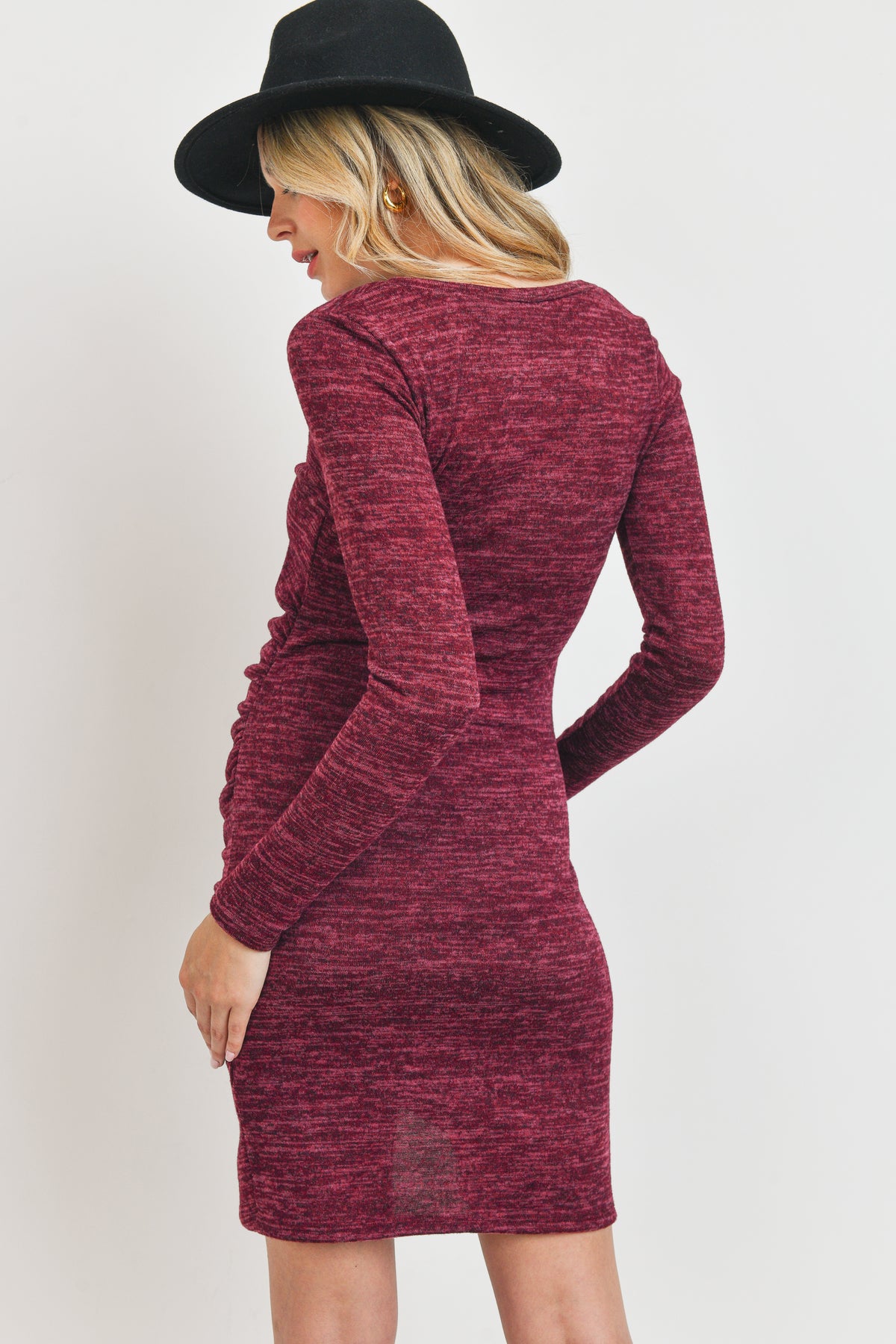 Burgundy Two-Tone Hacci Knit Tulip Hem Maternity Dress