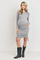 Heather Grey Adjustable Drawstring Sweater Knit Maternity Bodycon Dress