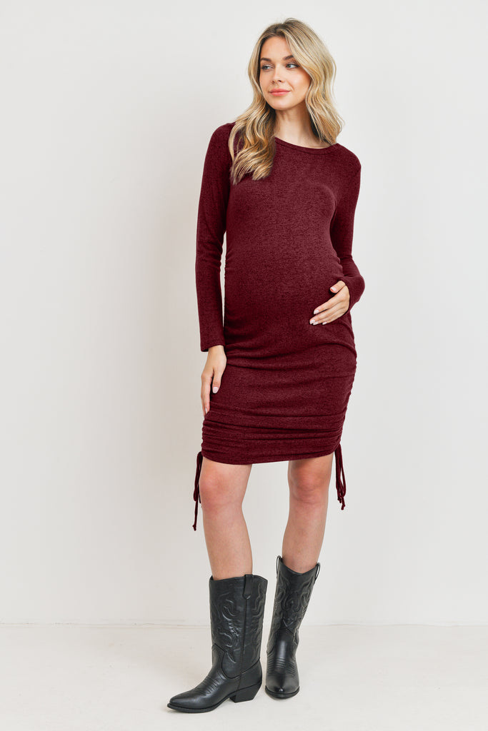 Burgundy Adjustable Drawstring Sweater Knit Maternity Bodycon Dress