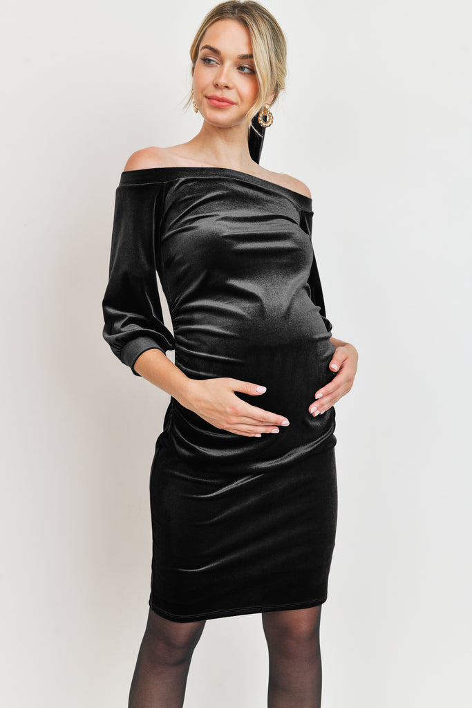 Black Solid Strecth Velvet  3/4 Sleeve Maternity Dress and Scrunchy Set