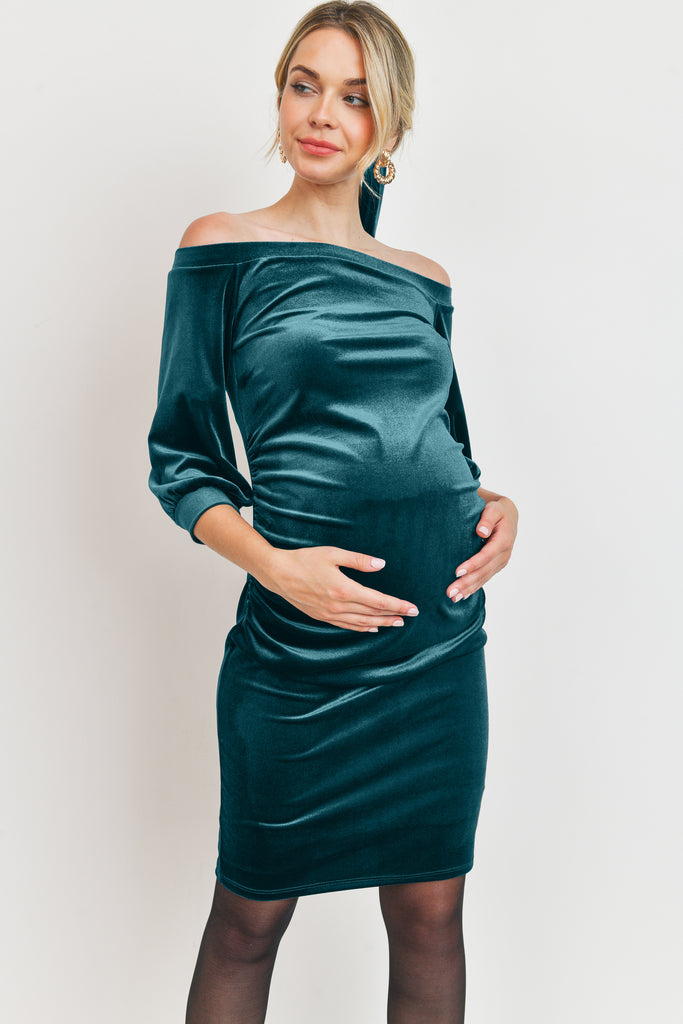 Teal Solid Strecth Velvet  3/4 Sleeve Maternity Dress and Scrunchy Set