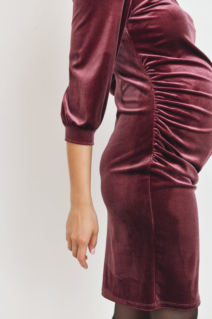 Mauve Solid Strecth Velvet  3/4 Sleeve Maternity Dress and Scrunchy Set