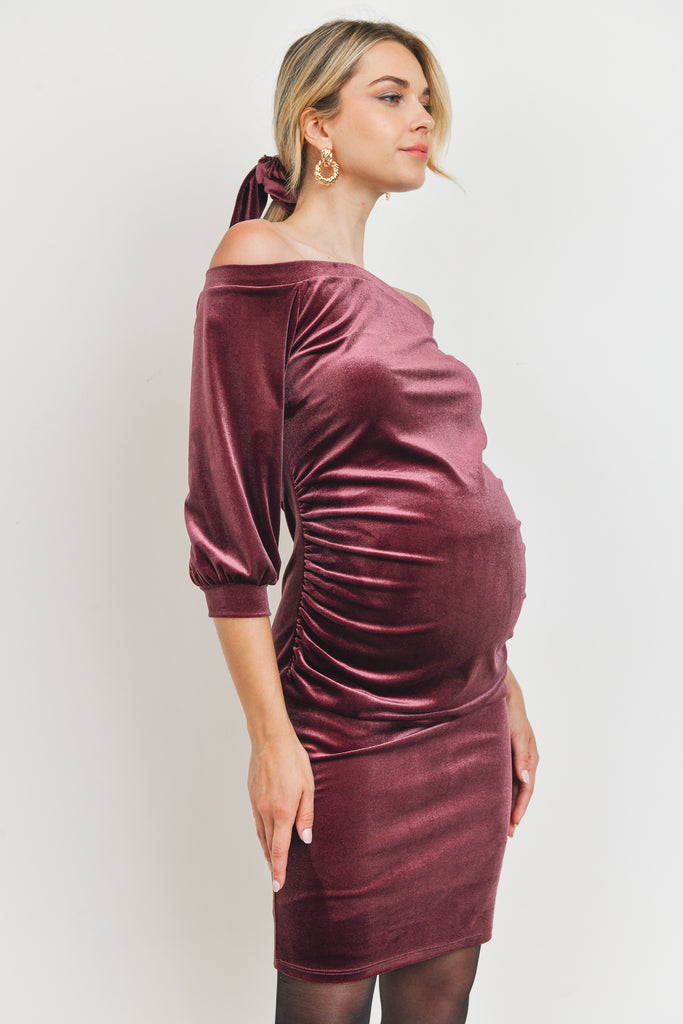 Mauve Solid Strecth Velvet  3/4 Sleeve Maternity Dress and Scrunchy Set