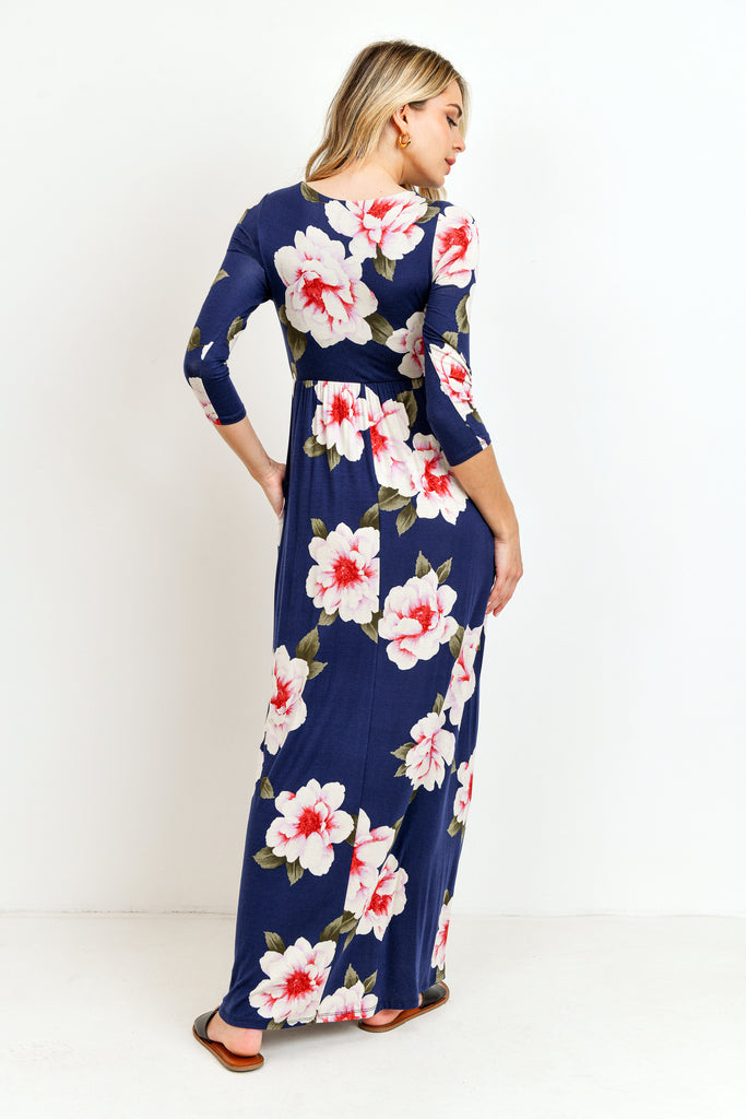 Navy Floral 3/4 Sleeve Maternity/Nursing Maxi Dress