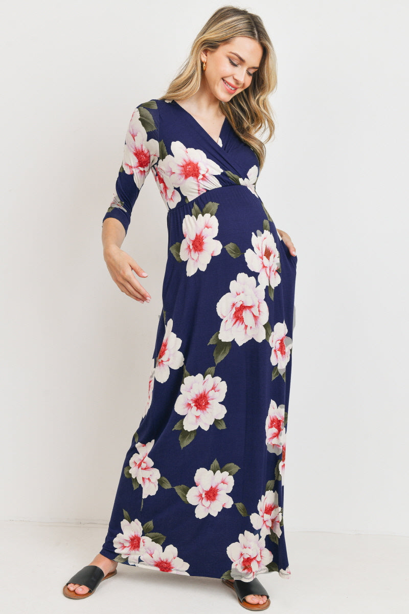 Floral 3/4 Sleeve Maternity/Nursing Maxi Dress NAVY / MEDIUM Floral 3/4 Sleeve Maternity/Nursing Maxi Dress NAVY / MEDIUM