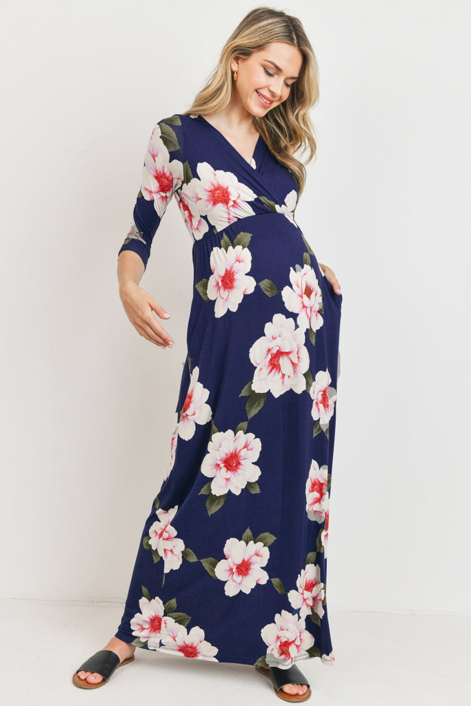 Navy Floral 3/4 Sleeve Maternity/Nursing Maxi Dress