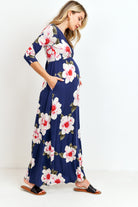 Navy Floral 3/4 Sleeve Maternity/Nursing Maxi Dress