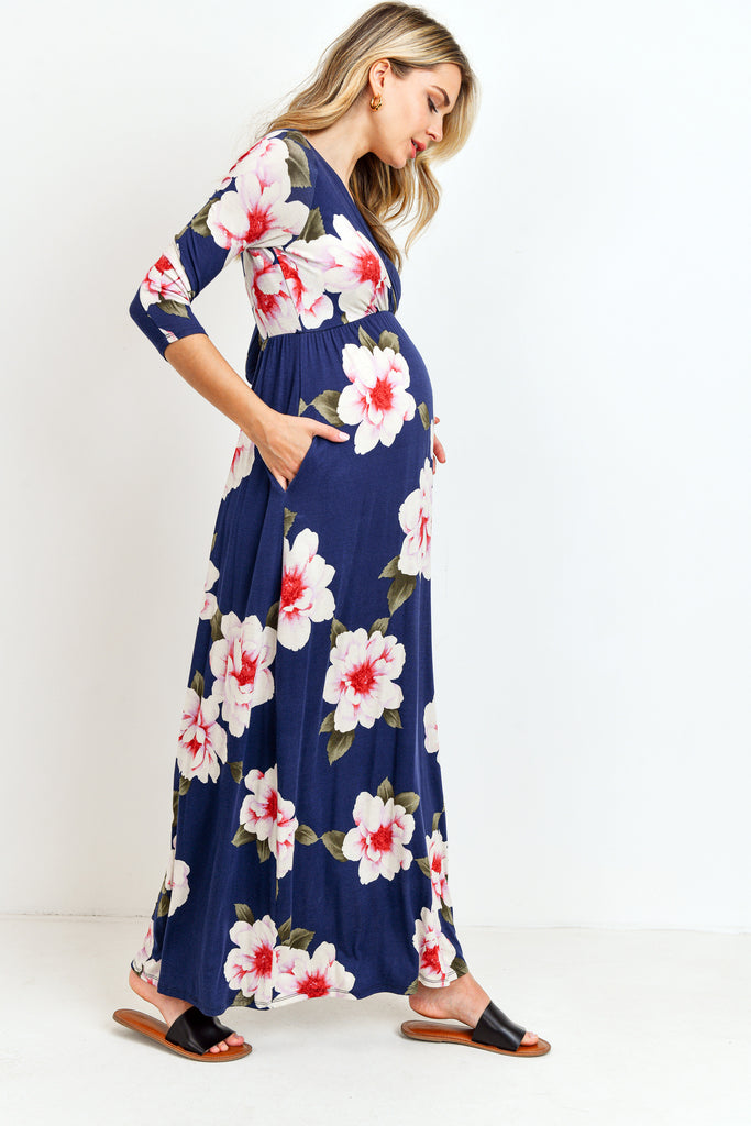 Navy Floral 3/4 Sleeve Maternity/Nursing Maxi Dress