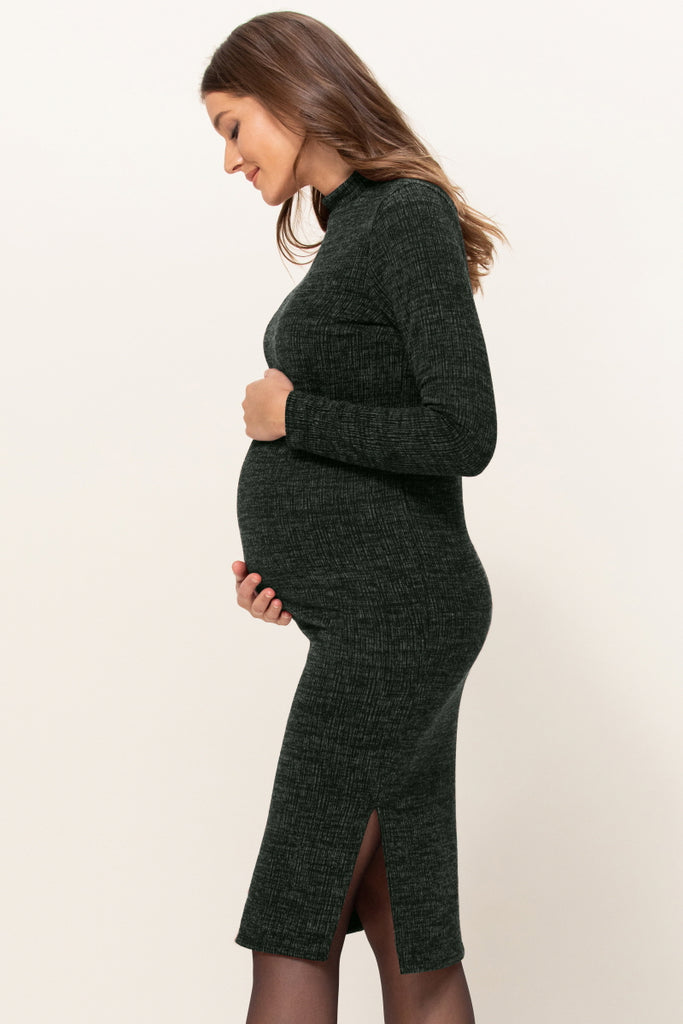 Olive Textured Sweater Knit Side Slit Maternity Bodycon Dress