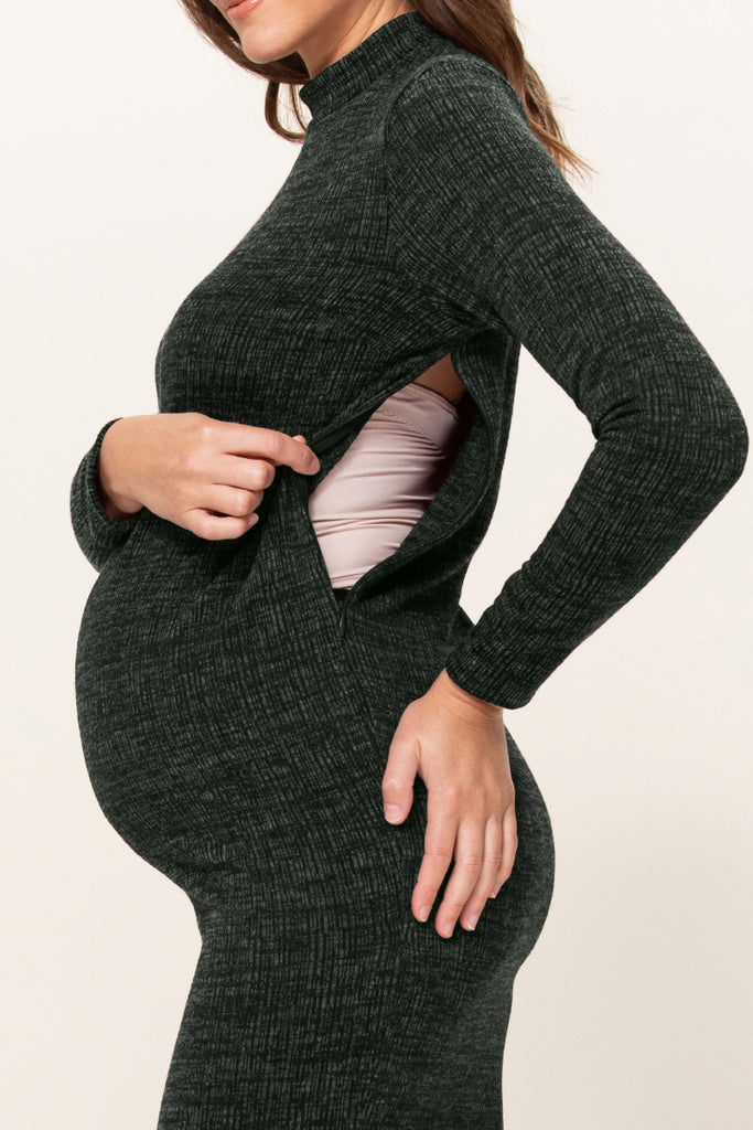 Olive Textured Sweater Knit Side Slit Maternity Bodycon Dress