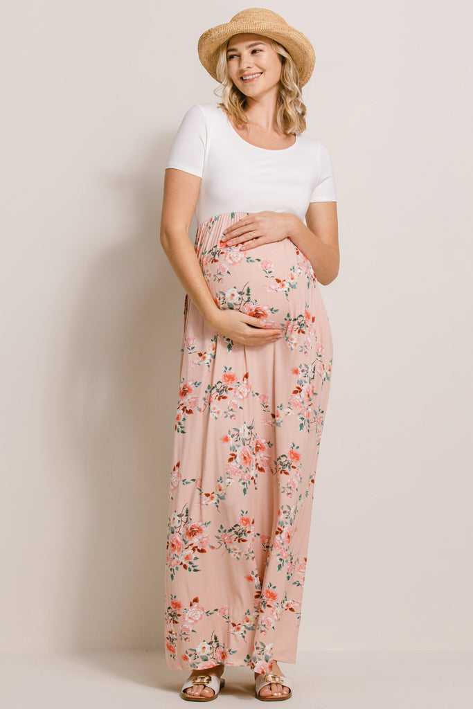 Pink/Ivory Solid Basic Top With Floral Skirt Maternity Dress