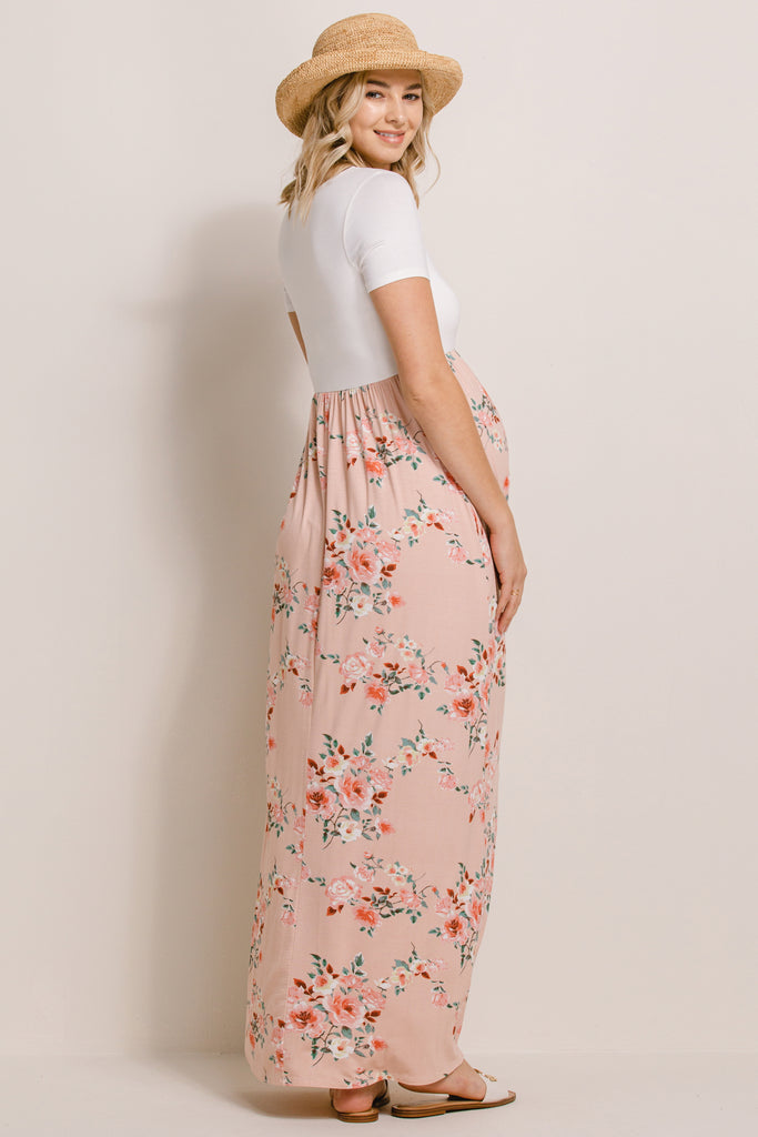 Pink/Ivory Solid Basic Top With Floral Skirt Maternity Dress