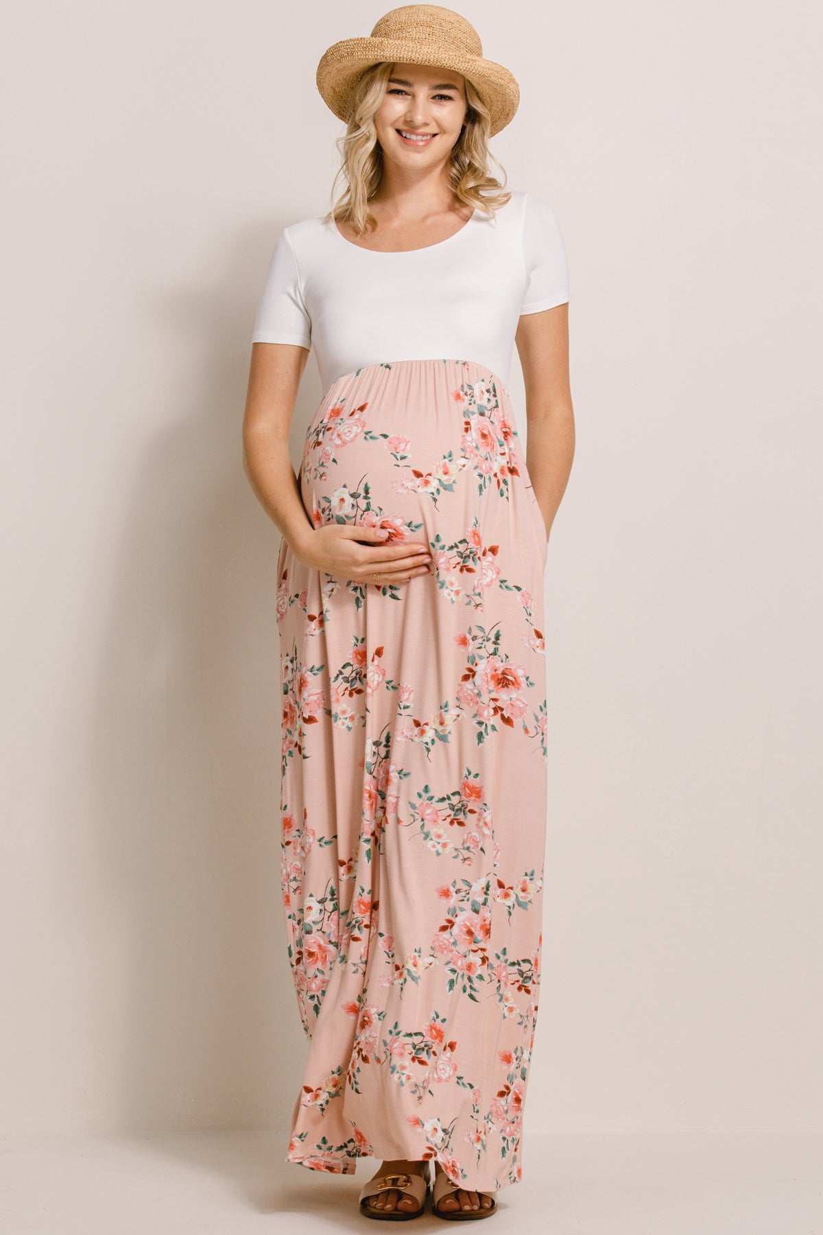 Pink/Ivory Solid Basic Top With Floral Skirt Maternity Dress