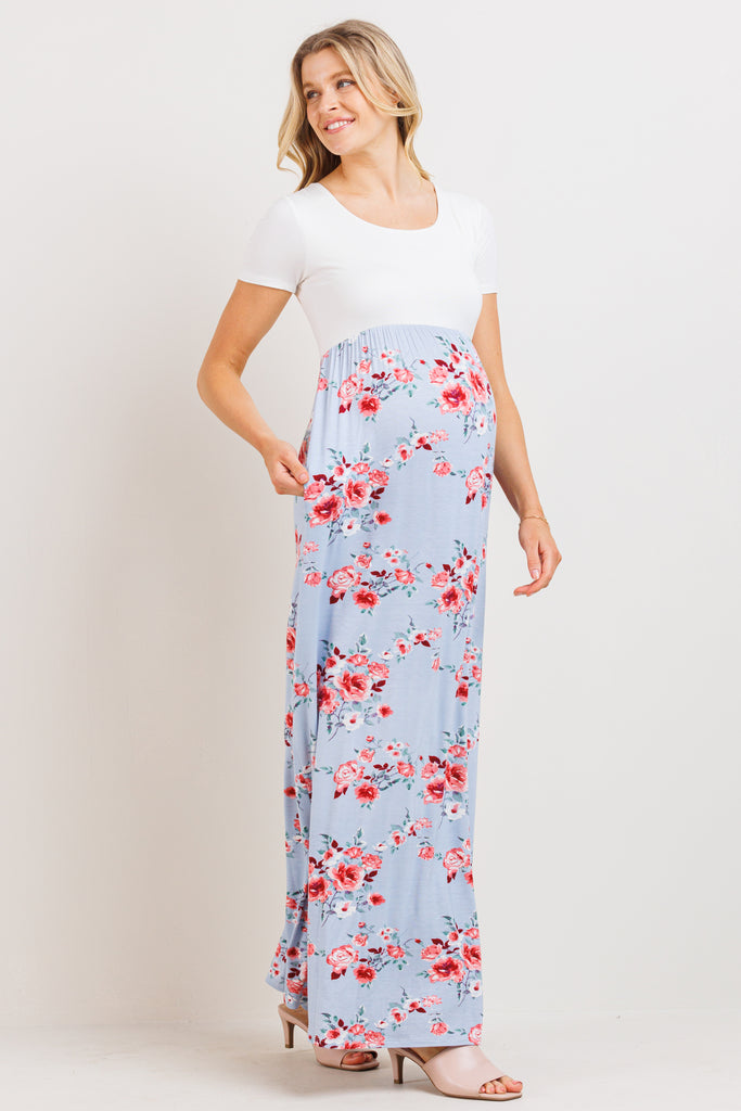 Blue/Ivory Solid Basic Top With Floral Skirt Maternity Dress