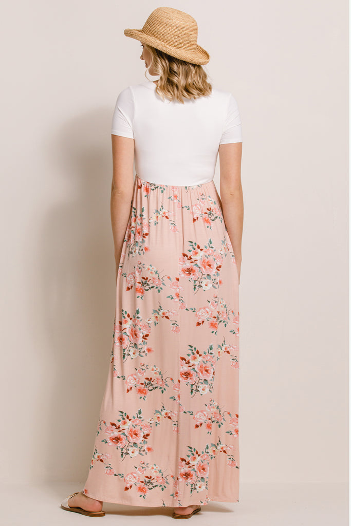 Pink/Ivory Solid Basic Top With Floral Skirt Maternity Dress