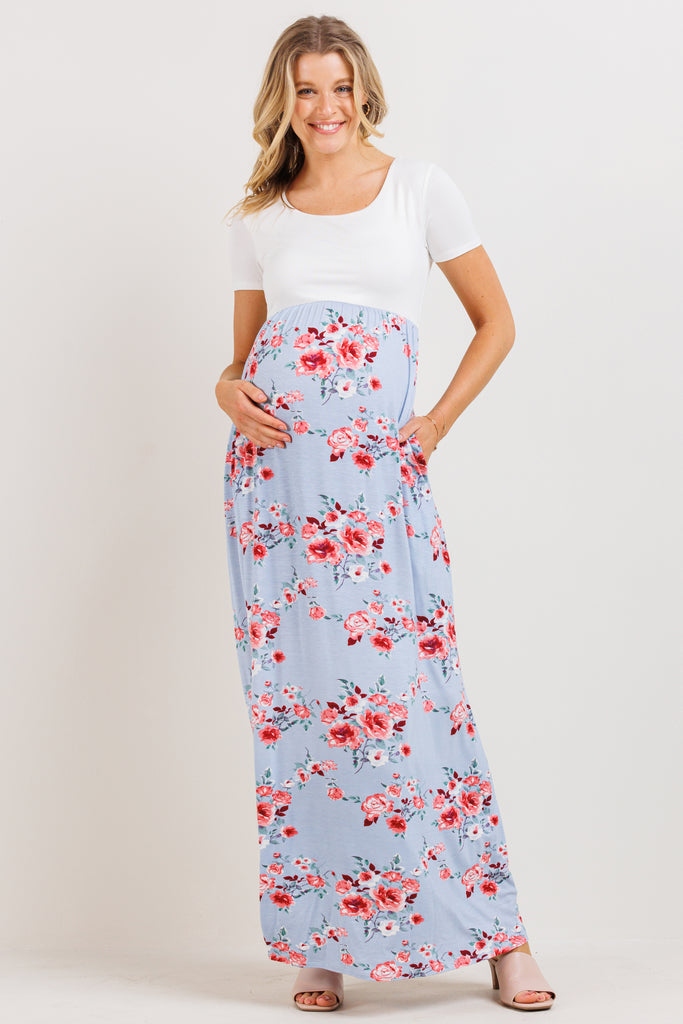 Blue/Ivory Solid Basic Top With Floral Skirt Maternity Dress