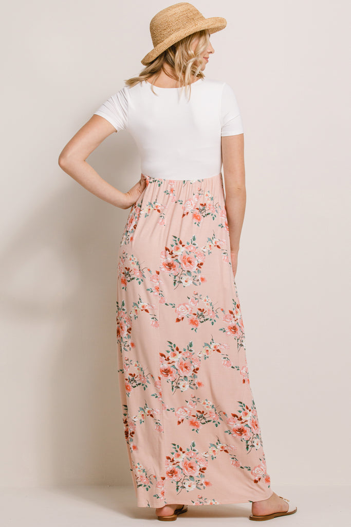 Pink/Ivory Solid Basic Top With Floral Skirt Maternity Dress