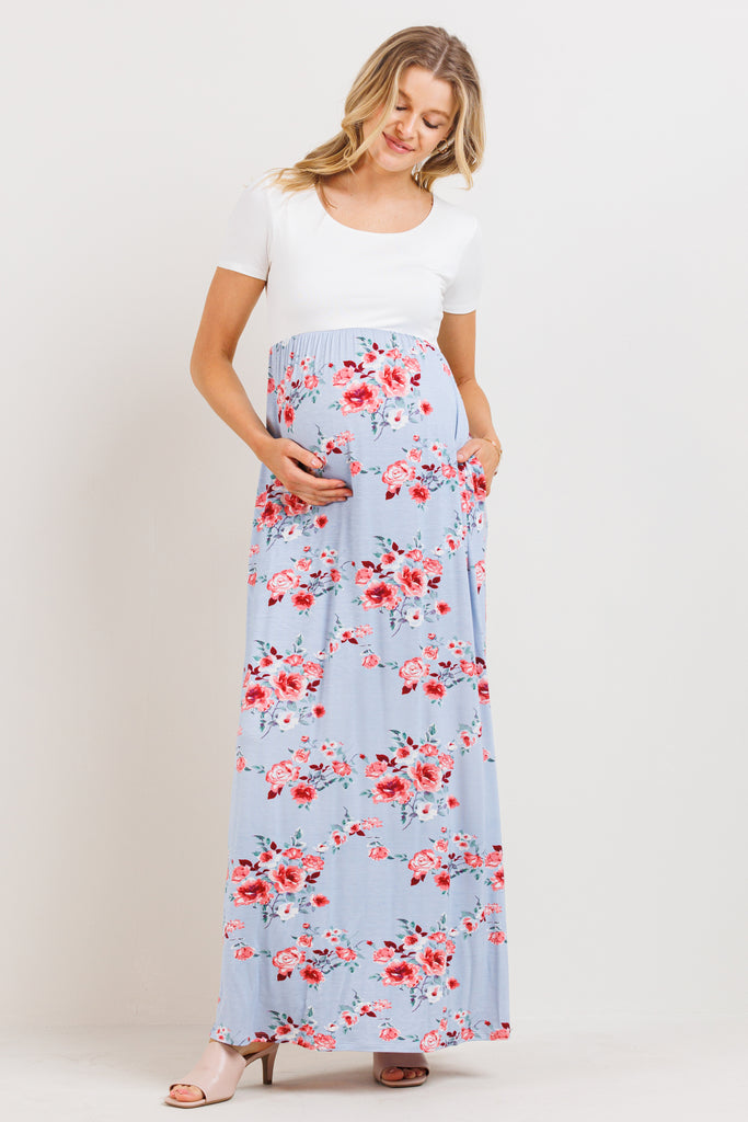 Blue/Ivory Solid Basic Top With Floral Skirt Maternity Dress
