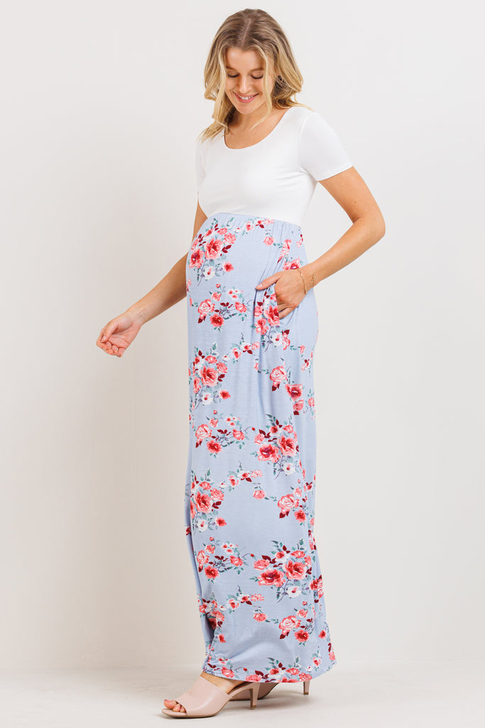 Blue/Ivory Solid Basic Top With Floral Skirt Maternity Dress