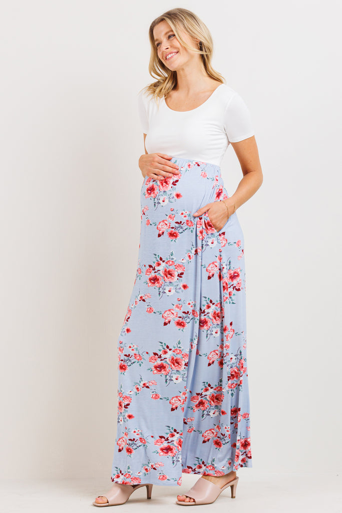 Blue/Ivory Solid Basic Top With Floral Skirt Maternity Dress