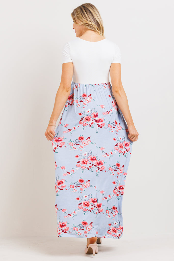 Blue/Ivory Solid Basic Top With Floral Skirt Maternity Dress
