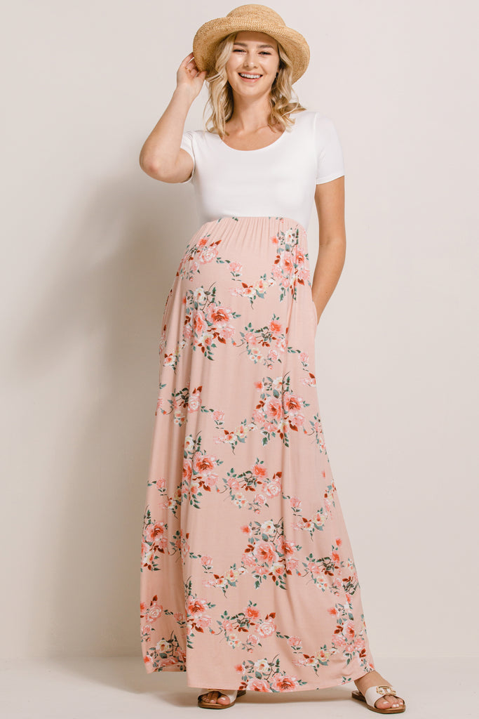 Pink/Ivory Solid Basic Top With Floral Skirt Maternity Dress