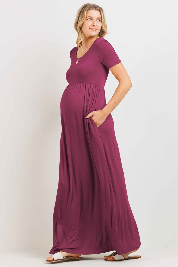 Magenta Round Neck Maternity Maxi Flared Dress