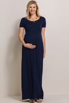 Navy Round Neck Maternity Maxi Flared Dress
