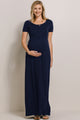 Navy Round Neck Maternity Maxi Flared Dress