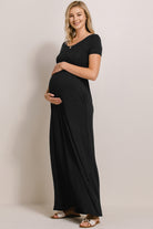 Black Solid Round Neck Maternity Maxi Flared Dress